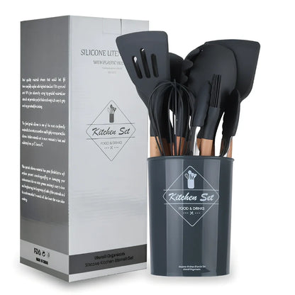 Wooden handle silicone cooking utensils set with 12 tools including spatula, whisk and food tongs in organiser barrel