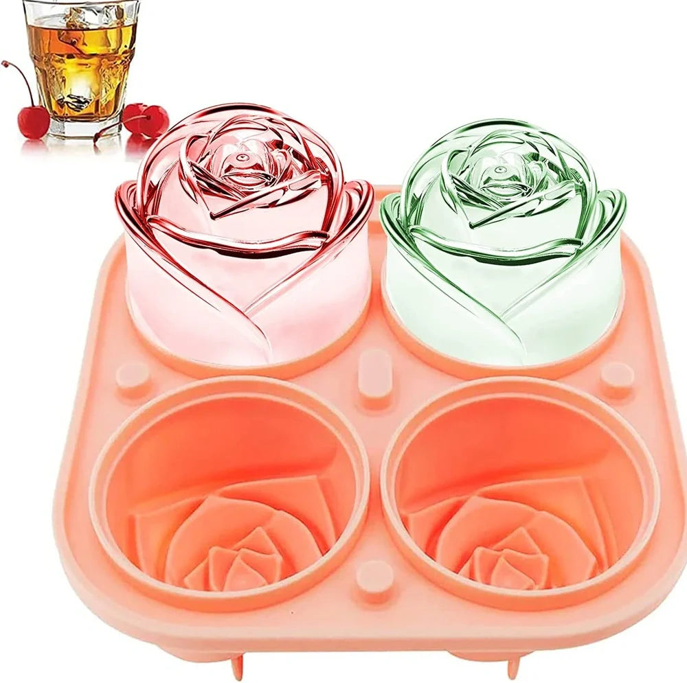 Orange silicone ice mould with 2.5-inch rose shapes and built-in filling funnel