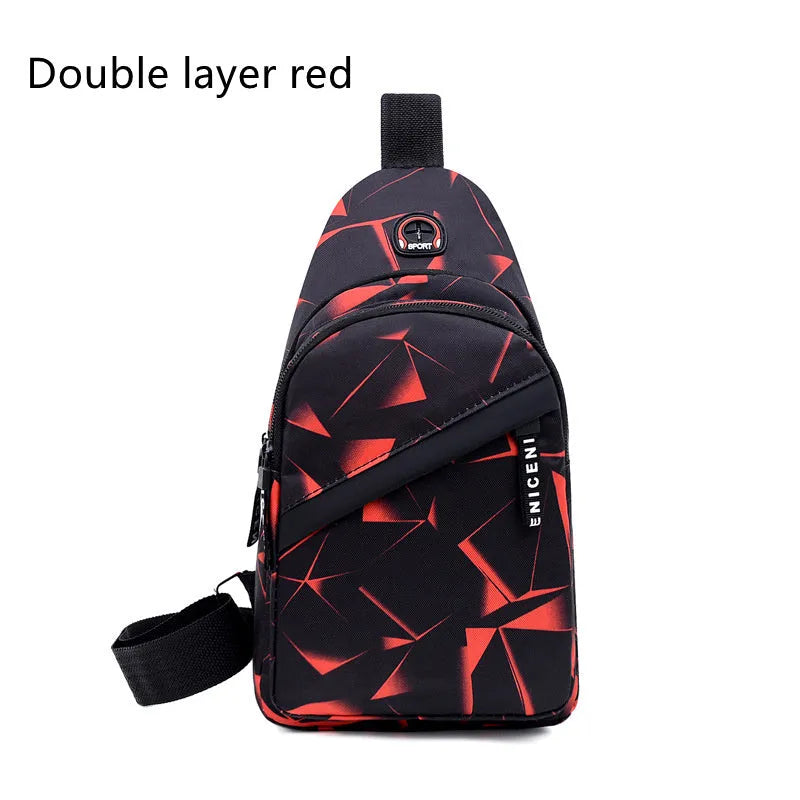 Men's sling chest bag in blue with earphone hole, crossbody strap, and zipper pockets, measuring 17cm wide.