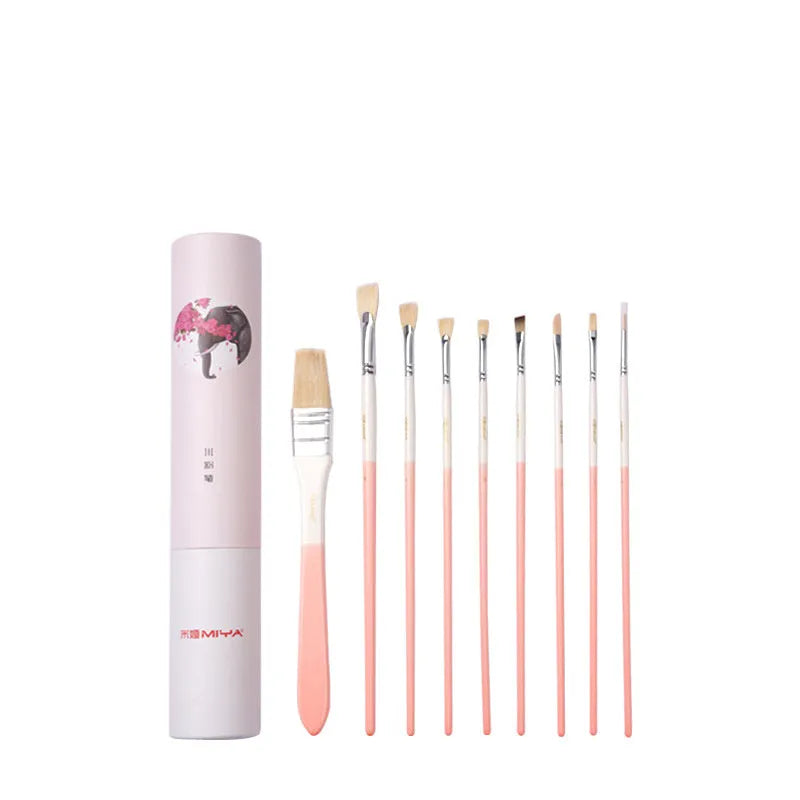 Acrylic gouache painting kit with fan-shaped brushes, a wide bristle brush, and nylon paint tube.