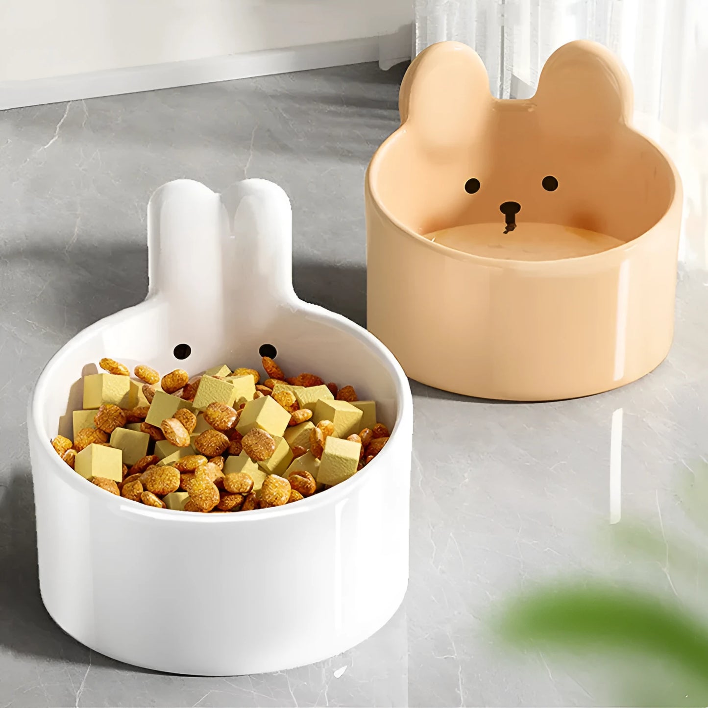 Ceramic pet feeding bowls with neck protection in white and brown animal designs
