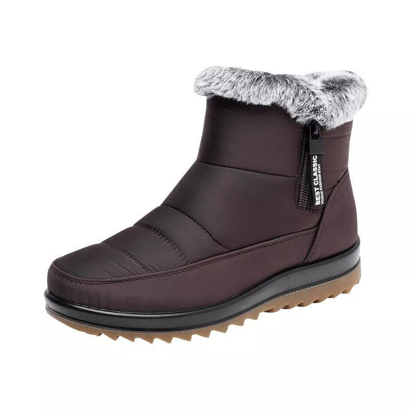 Women's winter snow boots with side zipper and fleece lining in black, dark brown, and red