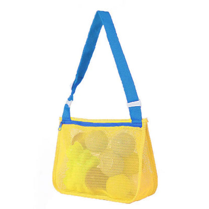 Blue children's travel storage organiser bag with nylon mesh construction and shoulder strap