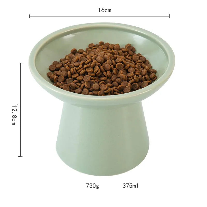 Elevated wide shallow ceramic cat food and water bowl in blue, green, pink, or white colour options.