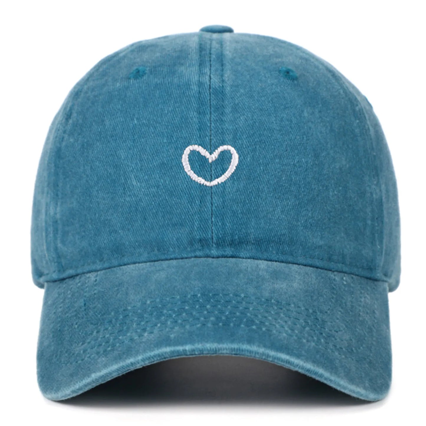 Adjustable cotton baseball cap with embroidered retro love design in various colours.