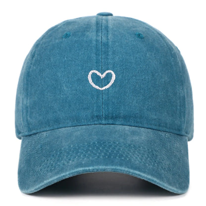 Adjustable cotton baseball cap with embroidered retro love design in various colours.