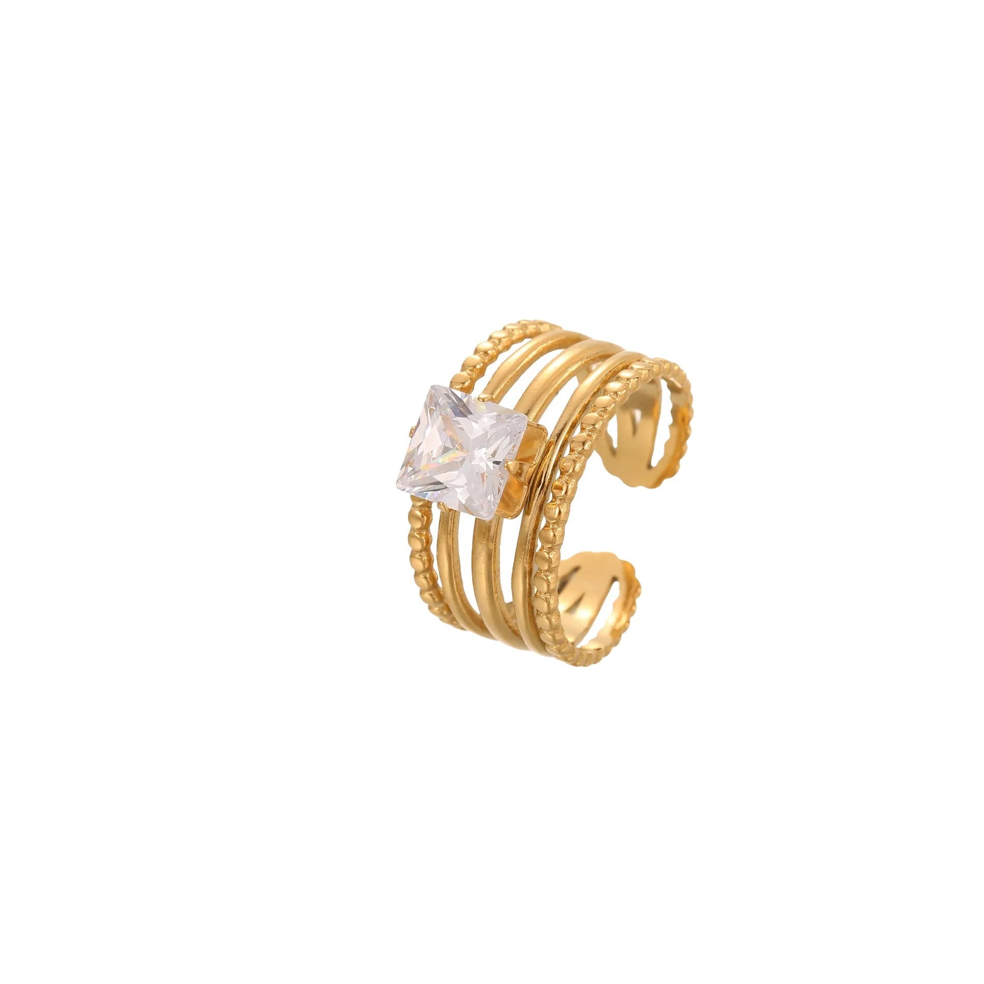 Gold electroplated stainless steel open mouth ring with geometric shapes and zircon inlay on a heart drop.