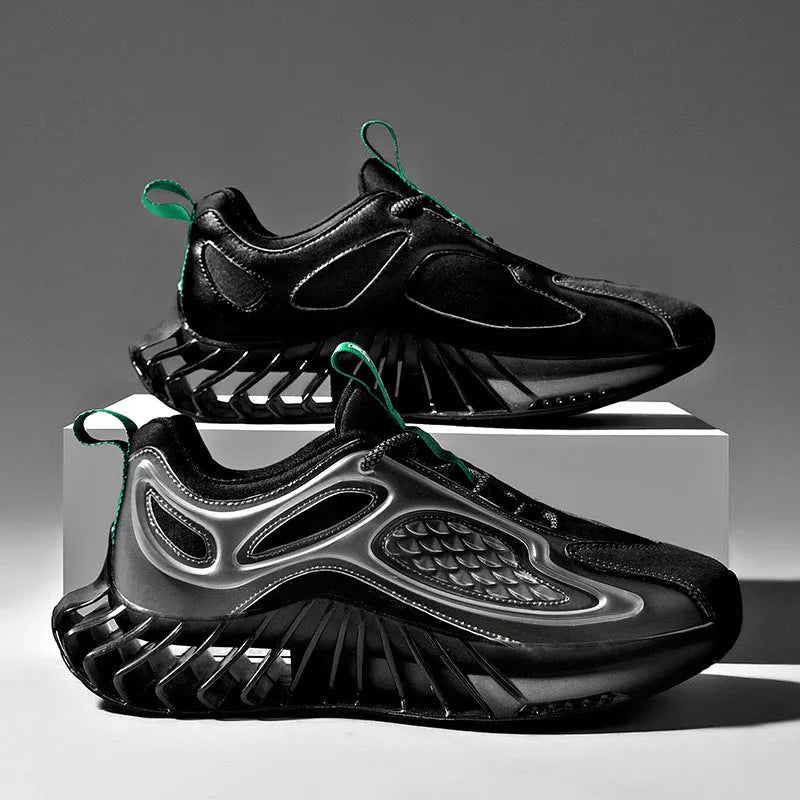 Large size blade men's running shoes with hollow out design in white, black, and blue orange