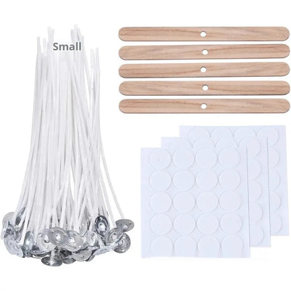 White cotton candle wicks in three lengths: 2.6cm, 6cm, and 8cm, for DIY candle making.