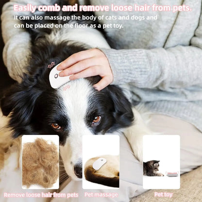 Pink Fuigarry handheld electric pet brush with soft teeth, placed on a carpet next to a cat.