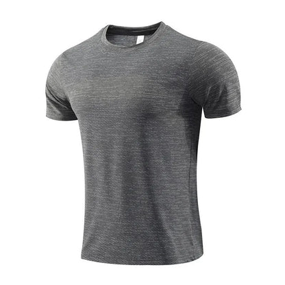 Red polyester-spandex short-sleeve sports t-shirt laid flat, designed for running and basketball workouts.