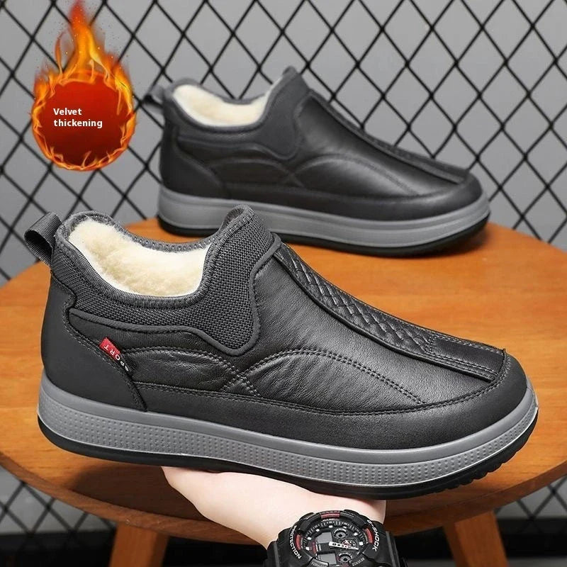 Cozy winter snow boots with fleece lining, round toe, and non-slip platform sole in black and grey colors