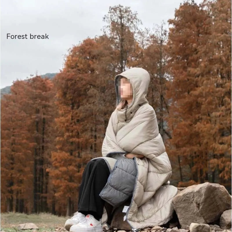 Adult outdoor cloak sleeping bag in Army Green or Grey, showing wearable design and 200x140cm dimensions