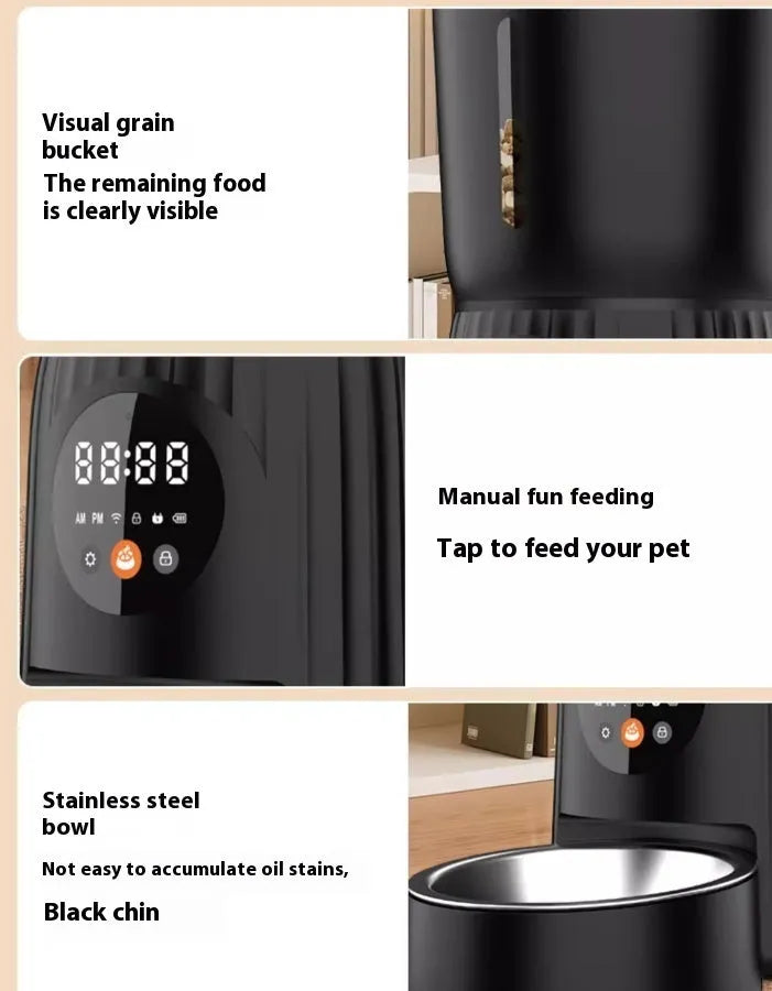 Black intelligent pet feeder with transparent food container showing kibble, digital display, and USB power cable