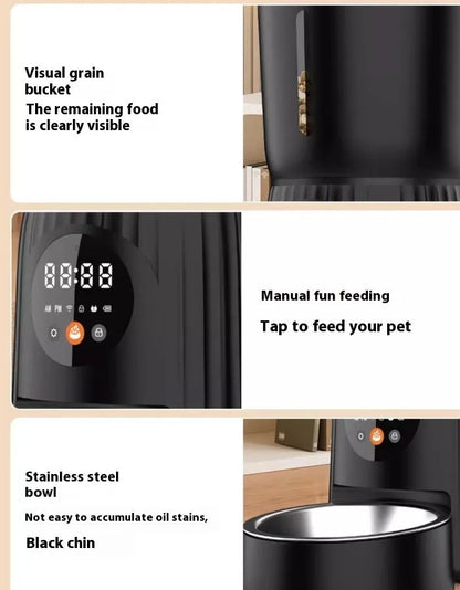 Black intelligent pet feeder with transparent food container showing kibble, digital display, and USB power cable