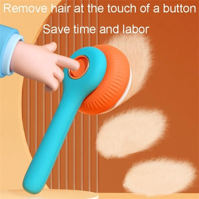 Blue and white self-cleaning pet grooming brush with massage function for cats and dogs.