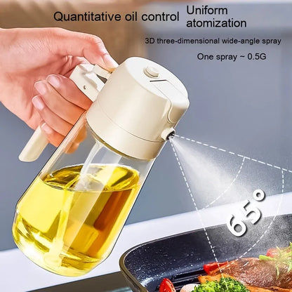 470ml glass olive oil sprayer and pour bottle with ergonomic handle in beige, yellow, green, and black colour options.