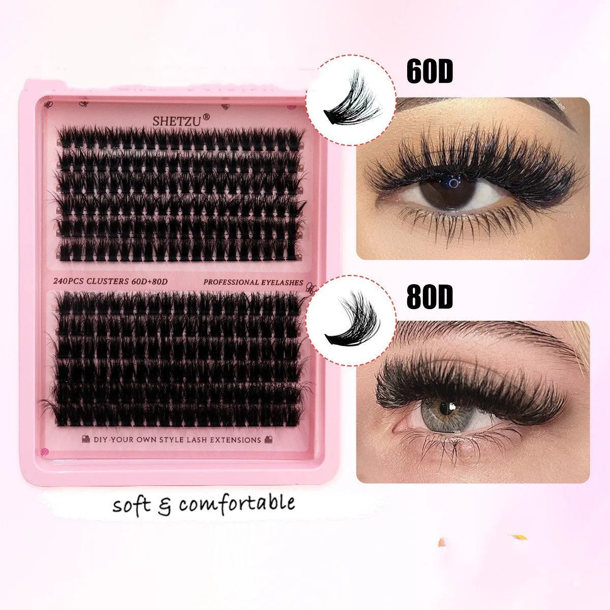 Thick DIY segmented false eyelashes in 10mm to 14mm lengths, 60D and 80D, cross style feather model