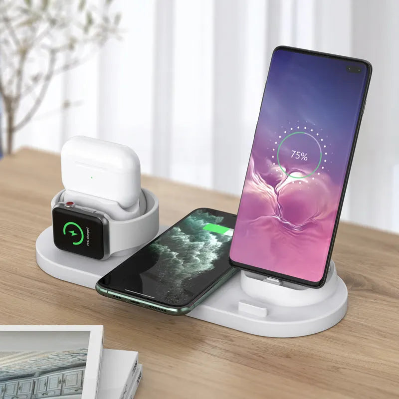 Black or white 6-in-1 wireless charging mobile phone holder station for Apple devices.