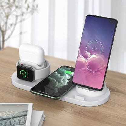 Black or white 6-in-1 wireless charging mobile phone holder station for Apple devices.