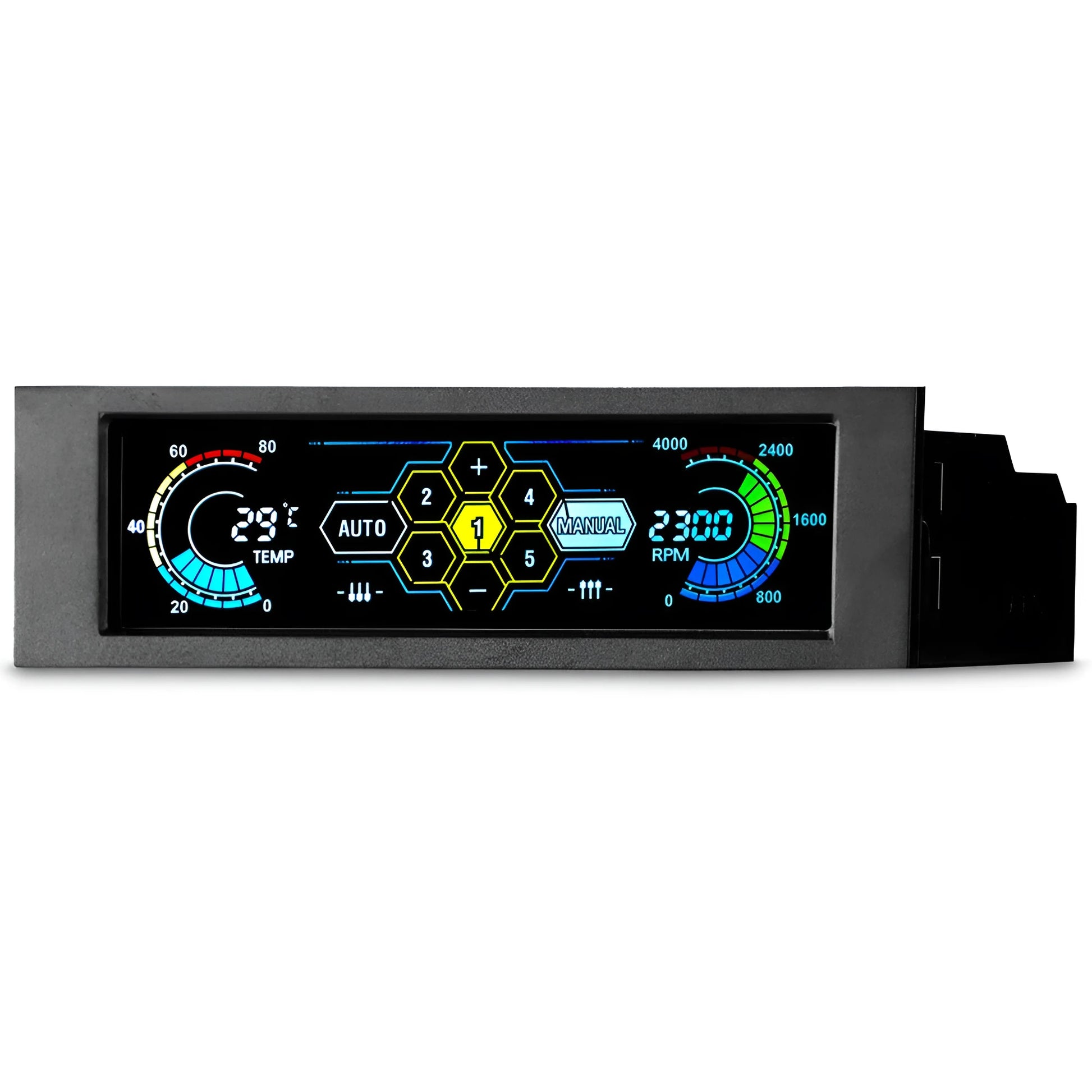 Black PC chassis touch screen temperature controller for optical drive bay installation with colourful LED display