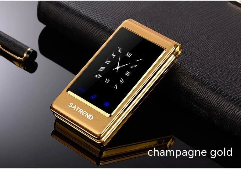 Black dual screen flip senior mobile phone showing internal touch display and external smaller screen