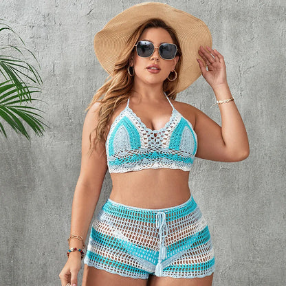 Blue women's swimsuit briefs with hollow out straps and split side design