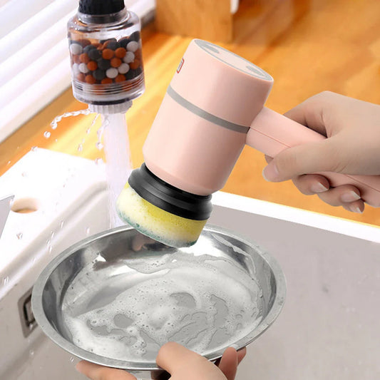 Cordless electric scrub brush with interchangeable brush heads for cleaning kitchens, bathrooms, tiles, and more