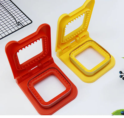 Red square sandwich press mould creating hemmed breakfast sandwiches with clean edges
