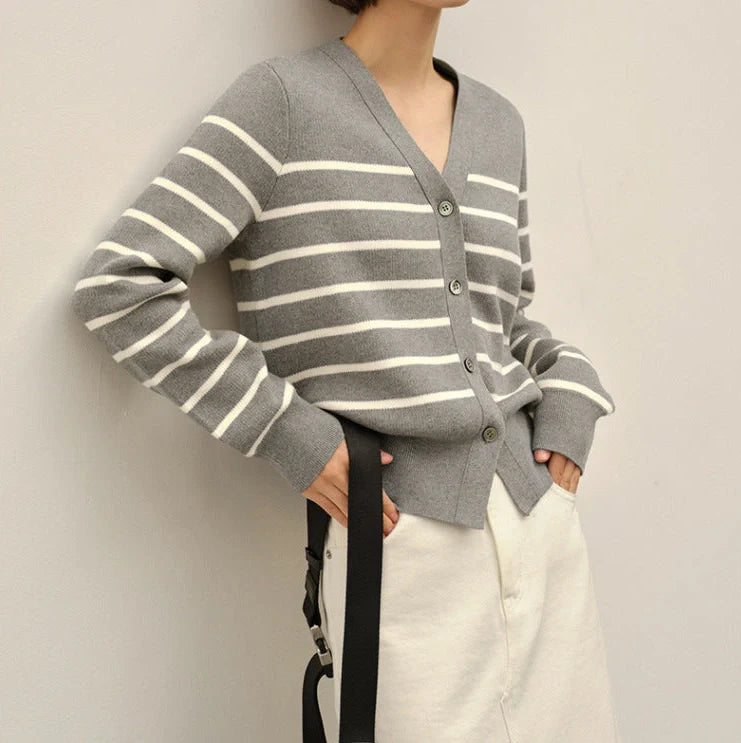 Women's striped knitted sweater jacket with button front in grey, showing regular sleeves and 40cm length