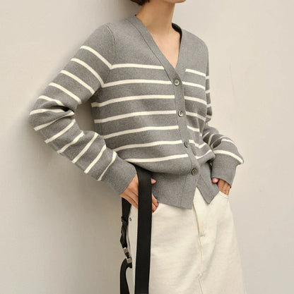 Women's striped knitted sweater jacket with button front in grey, showing regular sleeves and 40cm length