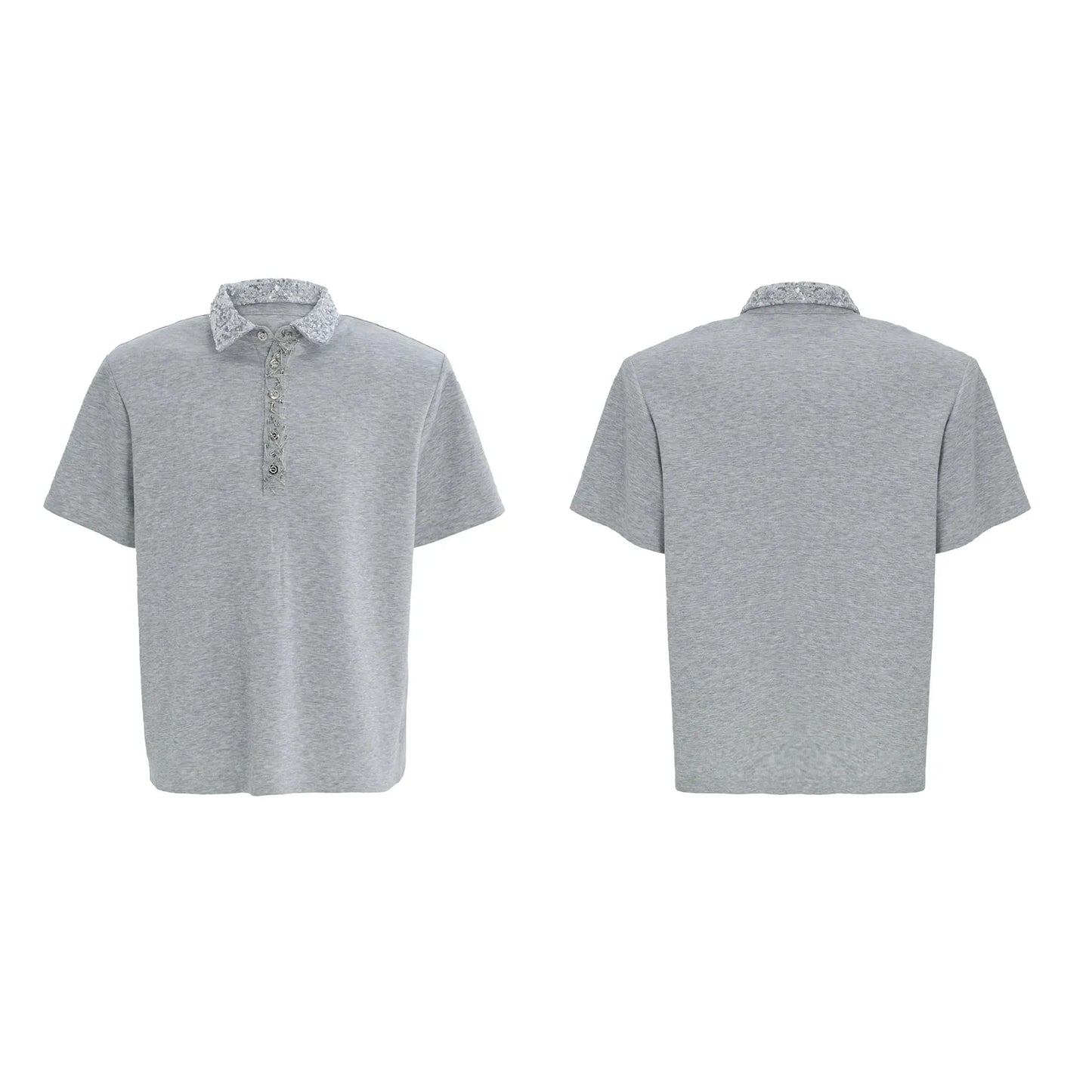 Men's black loose-fit polo shirt with embroidered and sequined square collar, short sleeves, solid colour
