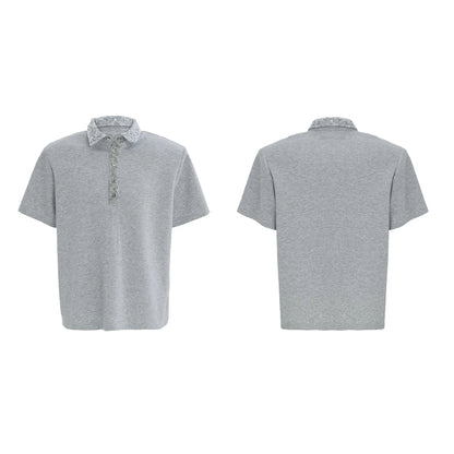 Men's black loose-fit polo shirt with embroidered and sequined square collar, short sleeves, solid colour