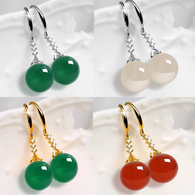 Elegant silver-tone earrings with green agate gemstones for women