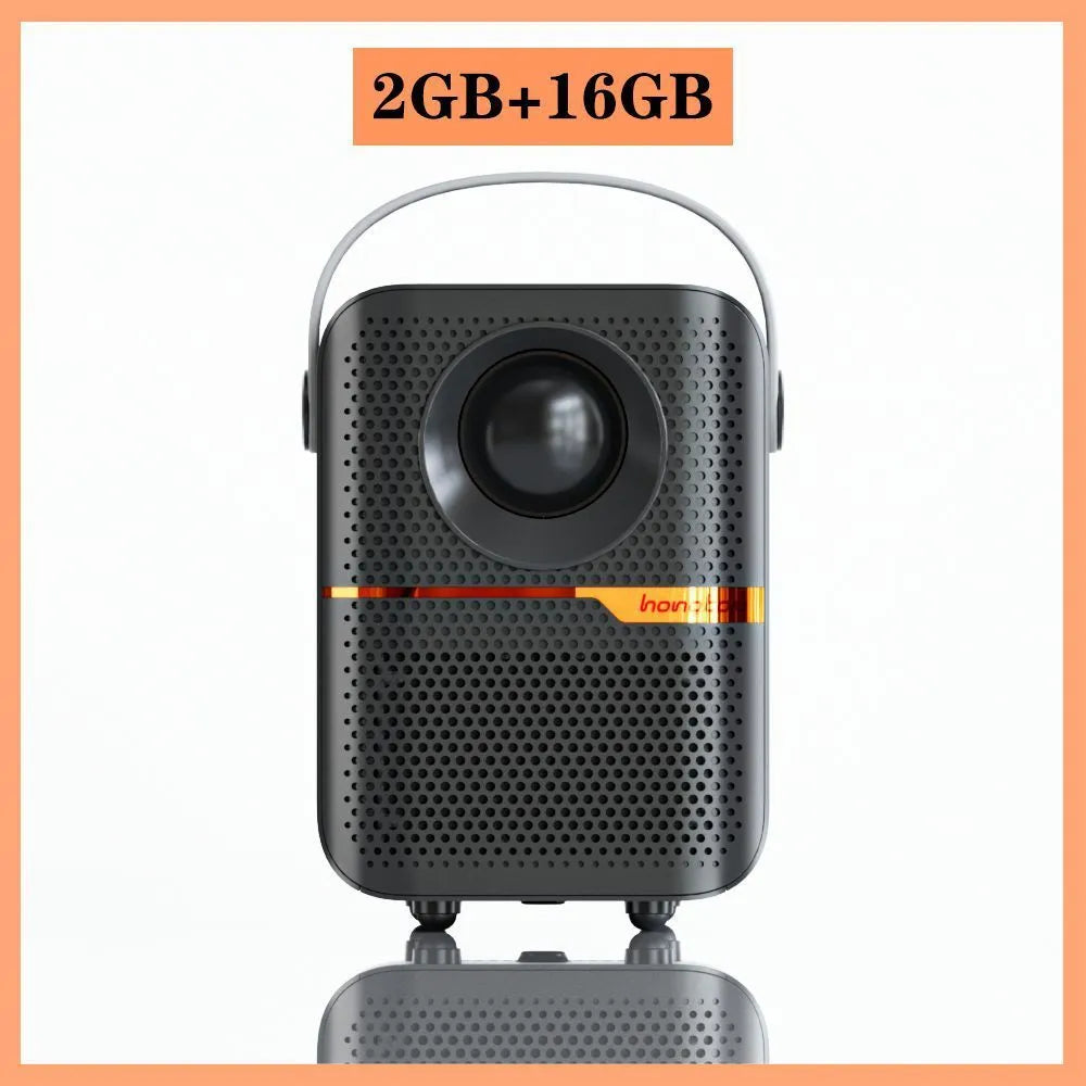 P10 2023 black and white mini portable Android LCD projector on a table.