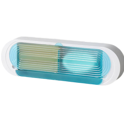 Green and white ABS plastic soap box measuring 11x5.5x33cm with drainage holes and lid