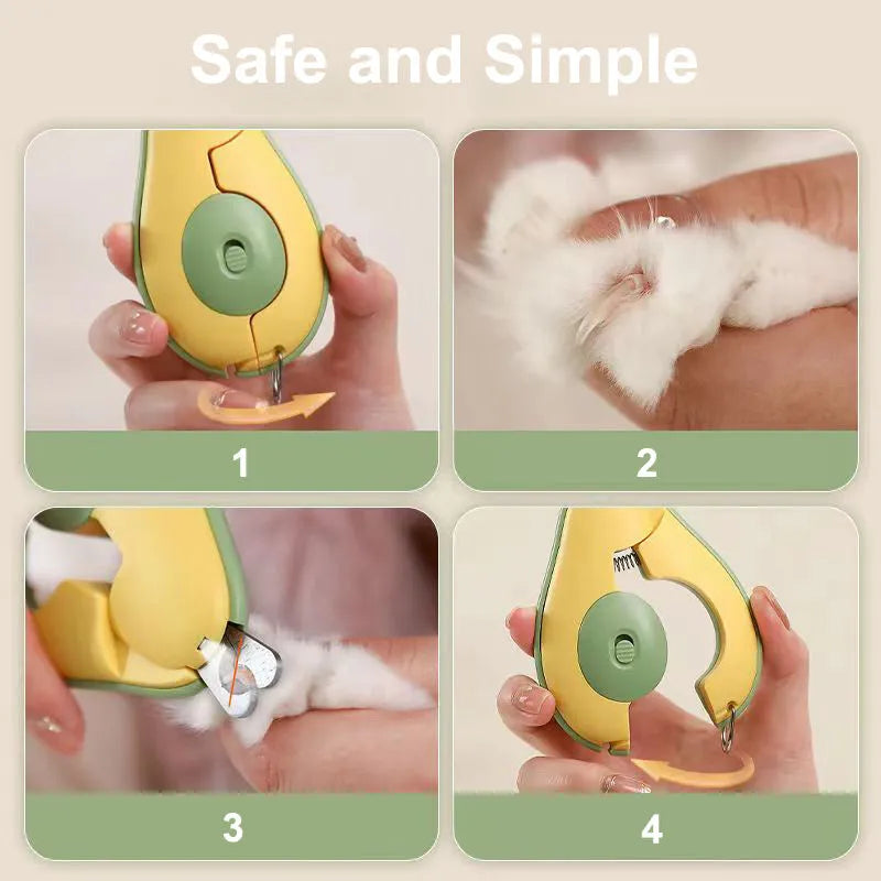 Professional LED pet nail clipper for small dog and cat claw trimming in green, pink, and white colours