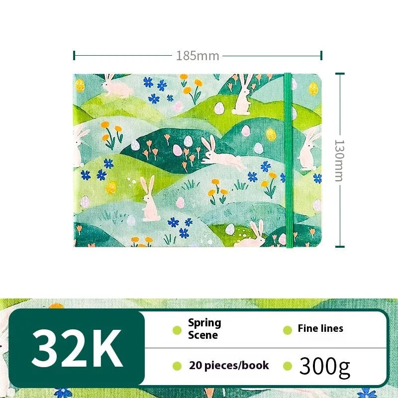 Feiluniao watercolour notebook with fabric cover, 185mm length, open to show paper for painting.