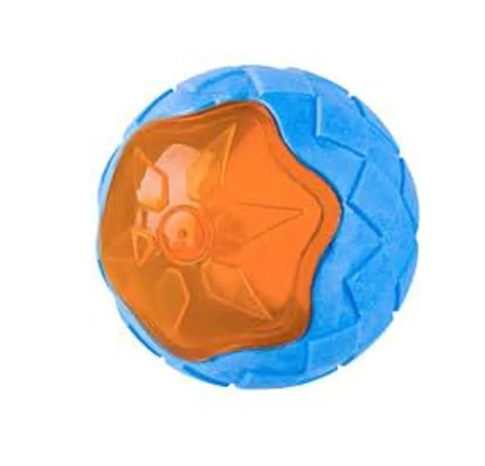 Three dog toys: blue ball, red barbell, and orange tire with bumpy textures for floating fetch games