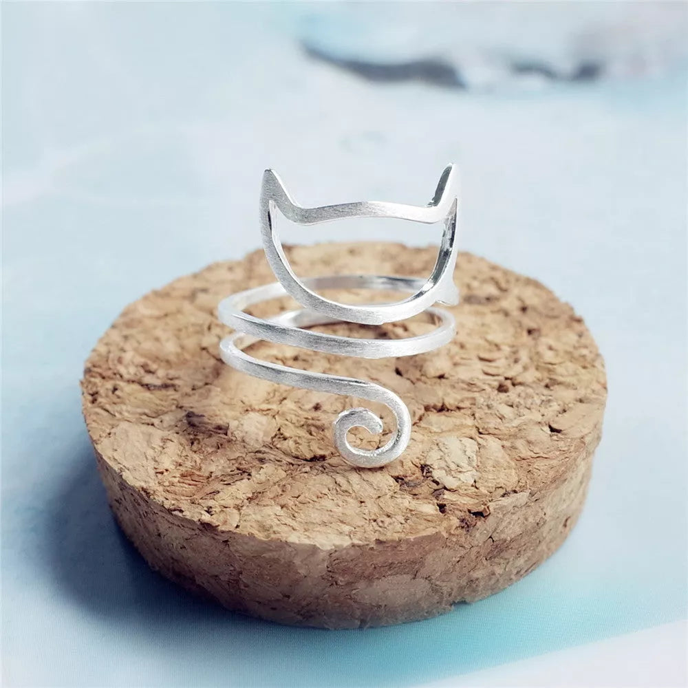 S925 Silver Personalized Winding Brushed Cute Cat Ring with adjustable opening