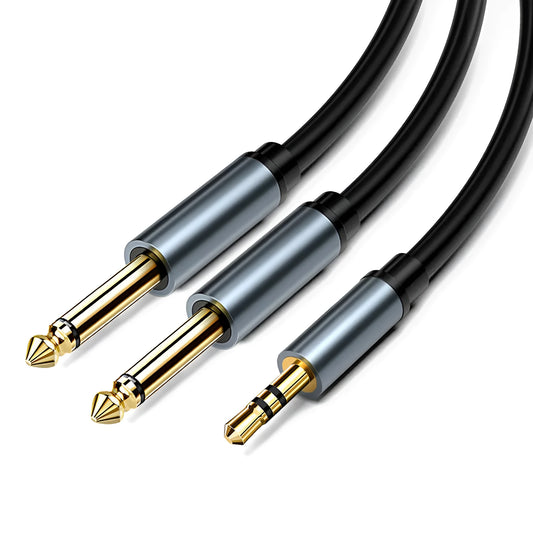 A 3.5mm stereo jack to two 6.5mm mono jack audio cable on a grey background.