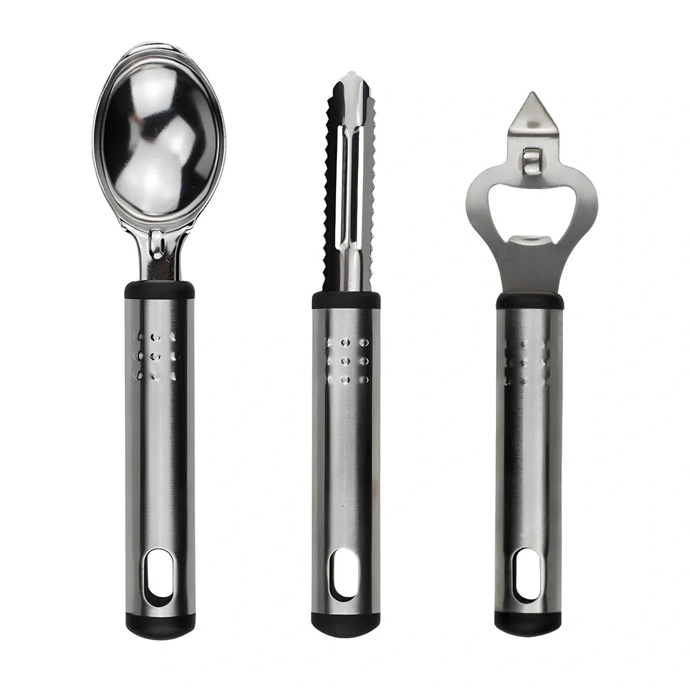 25-piece kitchen utensil set with hanging holes showing silicone heads and stainless steel handles organised on wall hooks