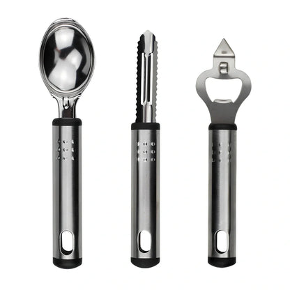 25-piece kitchen utensil set with hanging holes showing silicone heads and stainless steel handles organised on wall hooks