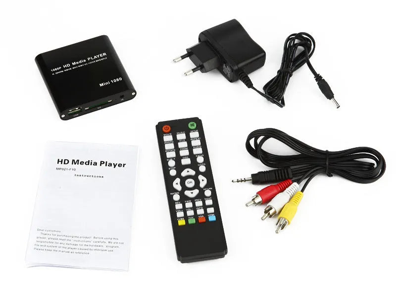 Black or blue 1080P Full HD media player with HDMI port, SD card slot, and USB inputs.