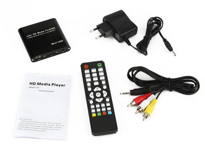 Black or blue 1080P Full HD media player with HDMI port, SD card slot, and USB inputs.