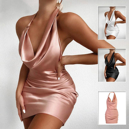 Adjustable satin party dress with V-neck and backless design in white, pink, and black