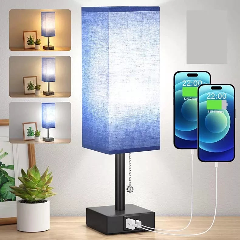 Adjustable brightness bedside lamp with USB charging ports in various colors