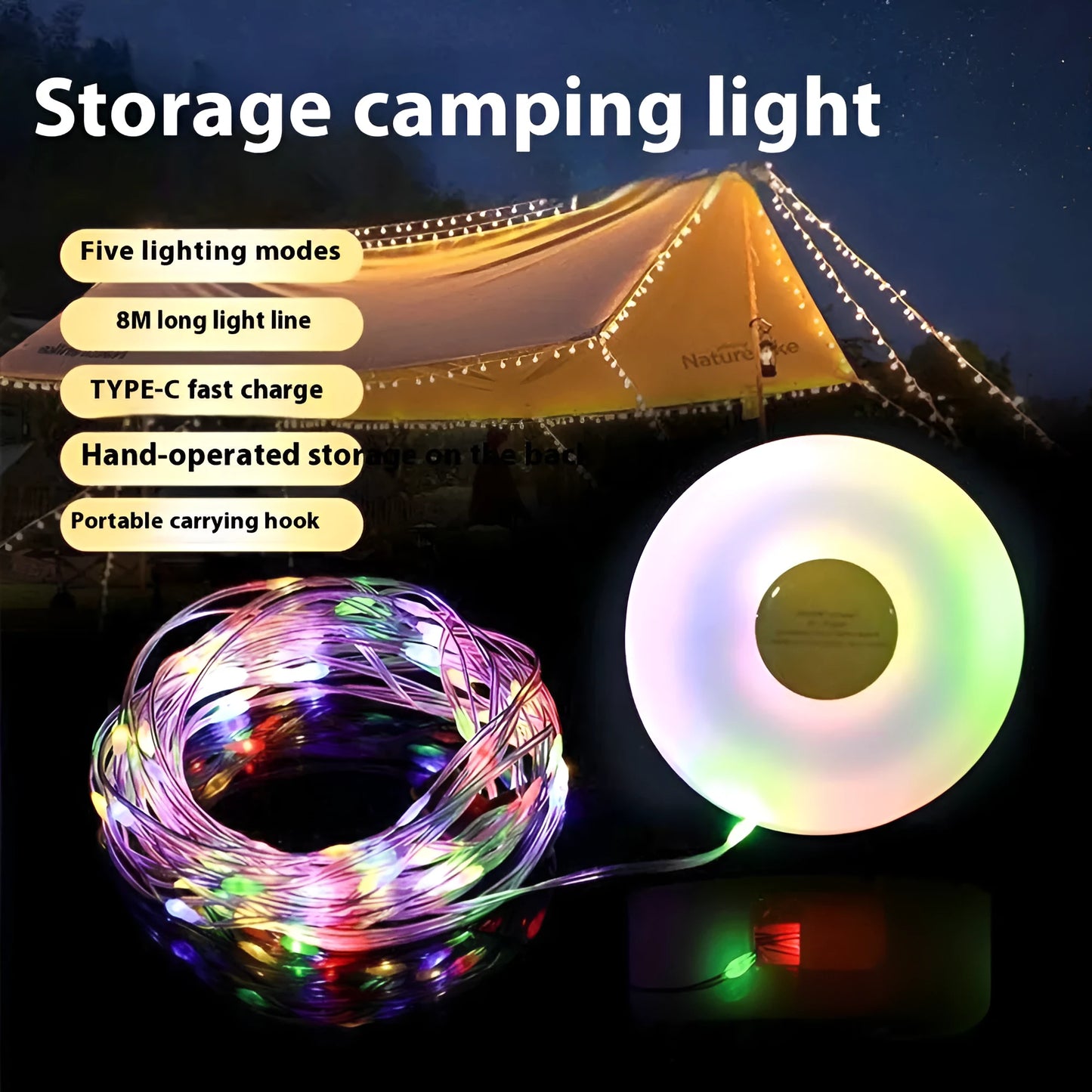 Rechargeable outdoor tent string lights with 30 LED beads on 8m cord