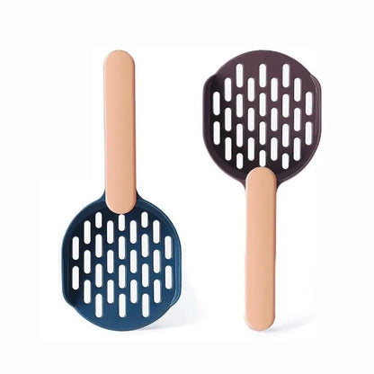 Blue plastic cat litter shovel scoop with drainage holes for cleaning a litter box.