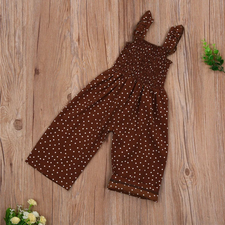Brown polka dot sleeveless jumpsuit on child, showing non-hooded design and thin fabric suitable for heights 90-130cm